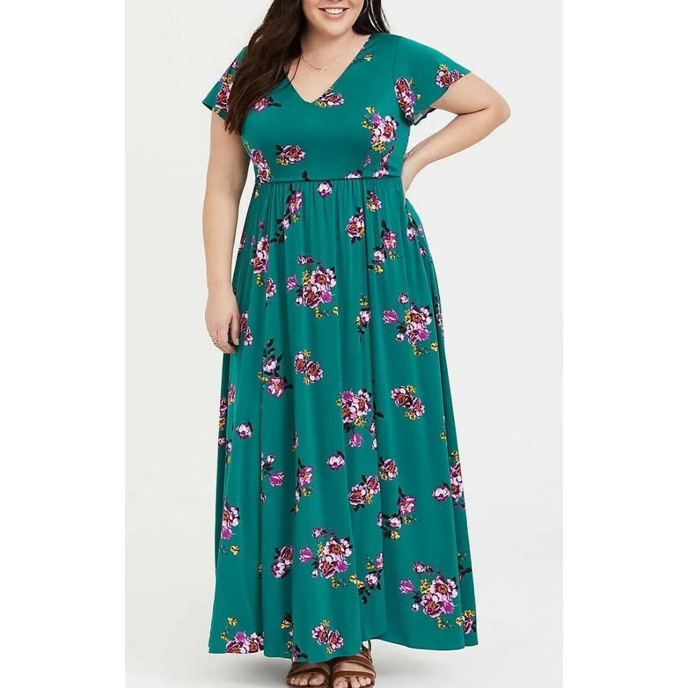 Floral V-Neck Green Teal Faux Wrap Maxi Dress with Cap Sleeves